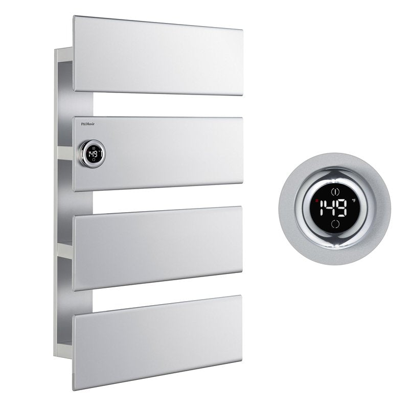 P&Dlusir Towel Warmer, Heated Towel Rack with Adjustable Temperature and Timer (1-24h, On), Fast Heating and Drying for Bathroom, Memory & Remote Control Compatible, Left-Wiring, 4-Panel, Silver