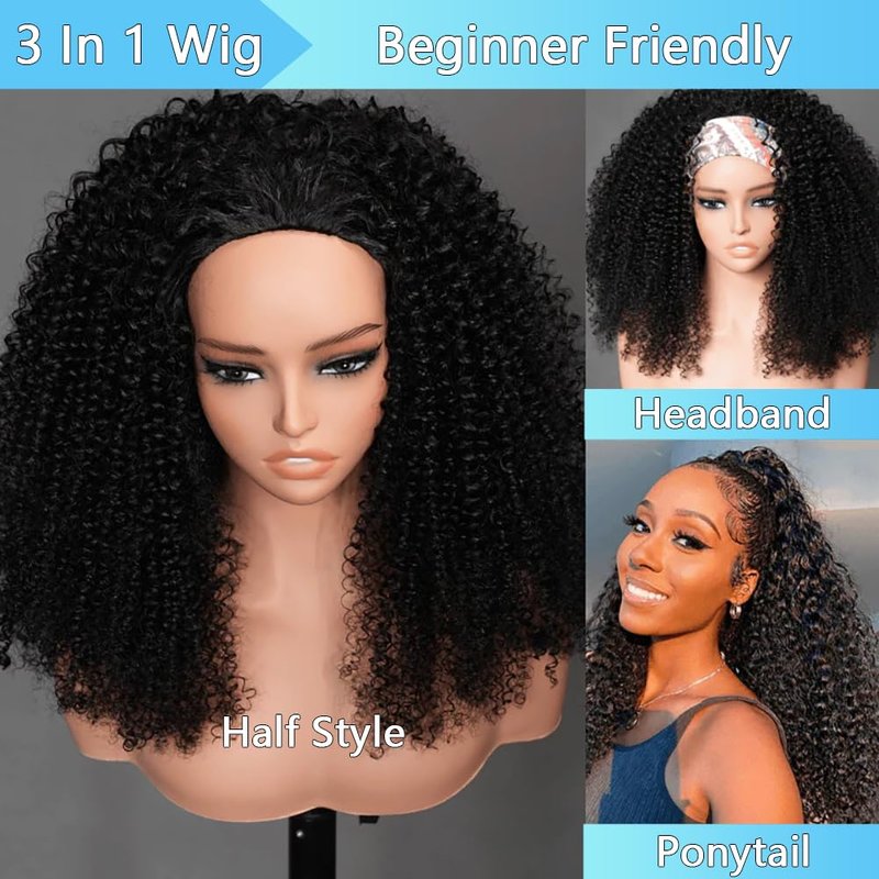 QUANDIAN Kinky Curly Half Wig Human Hair 26 Inch Wear Go Glueless Wigs Human Hair 200% Density Curly Half Wigs for Black Women Human Hair Afro Curly Drawstring Seamless Flip Wig Invisible Hairline