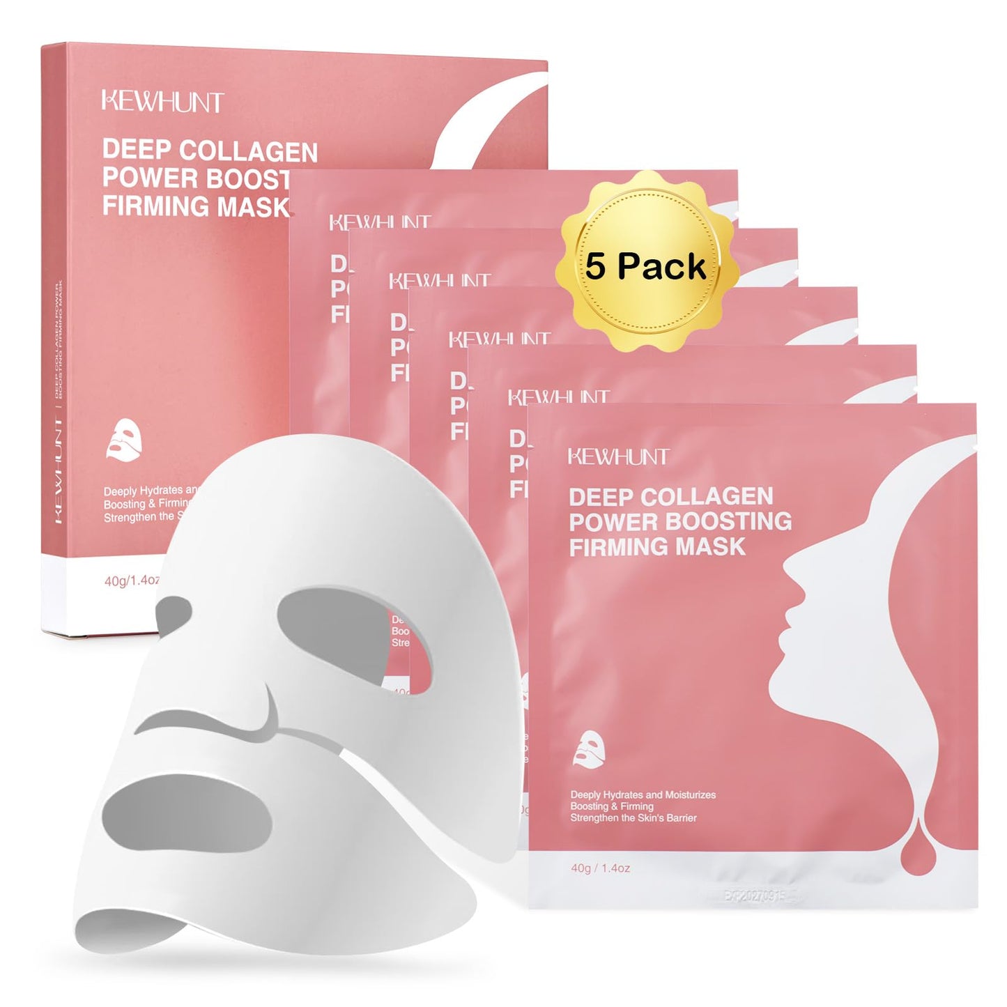 Kewhunt Deep Collagen Face Mask Overnight, Bio- Collagen Mask Real Deep Mask, Hydrating Hydrogel Masks with Low Molecular Collagen for Firming, Elasticity, Pore Minimizing 40g x 5ea Mothers Day Gifts