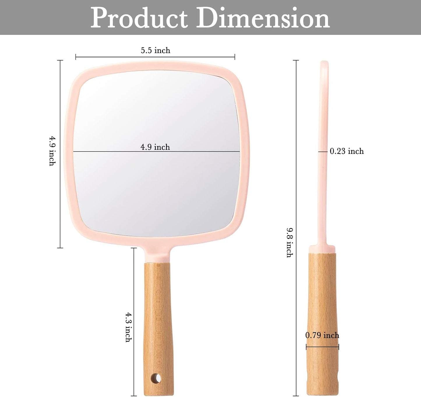 YEAKE Hand Held Mirror with Handle for Makeup,Small Cute Wood Hand Mirror for Shaving with Hole Hanging Single-Sided Portable Travel Vanity Mirror for Men&Women(Square,Pink,1Pack)