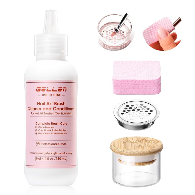 Gellen Nail Art Brush Cleaner Set - 130ml Rose Oily Acrylic Cleaner with Filter Mesh Cup & 100 Lint-Free Pads