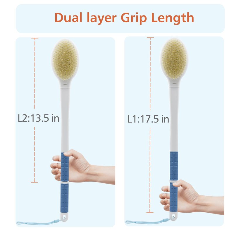 Shower Brush with Soft and Stiff Bristles,18.5" Long Handle Dual-Sided Back Scrubber Bath Brush Body Exfoliator for Wet or Dry Brushing (Long Handle)