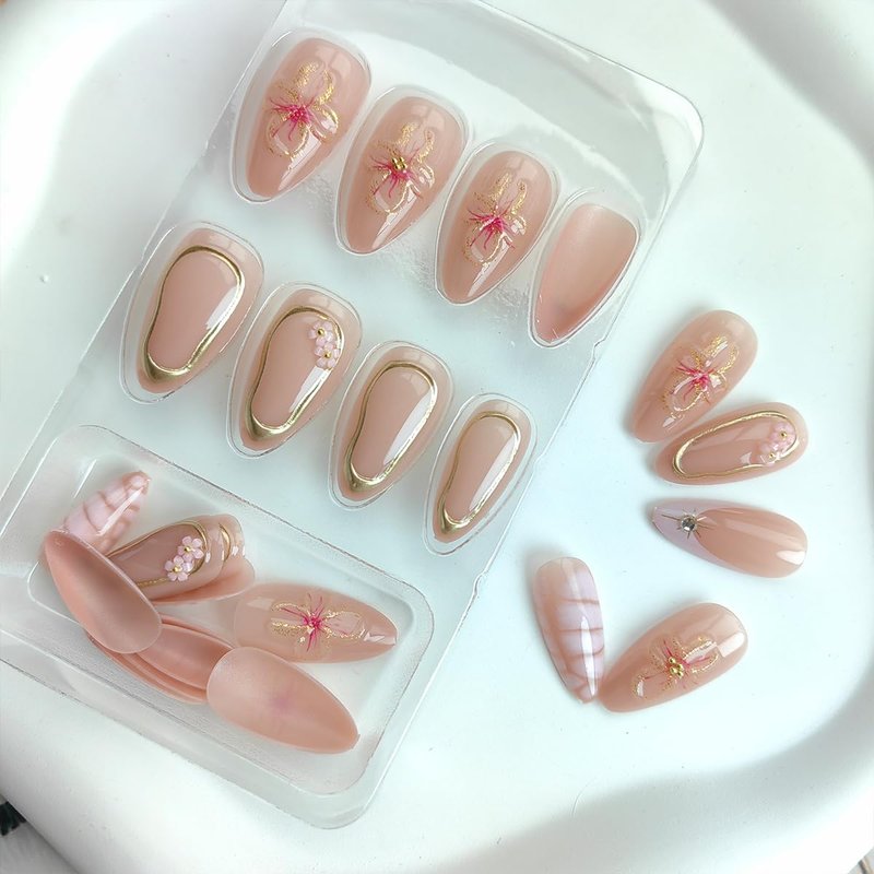 24Pcs Spring Almond Press on Nails Short French Tip Fake Nails with 3D Flower Charms Rhinestones Glue on Nails Flesh Pink False Nails Gold Line Stick on Nails Floral Stiletto Acrylic Nails for Women