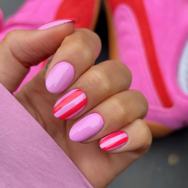 Almond Fake Nails Short Press On Nails Rose Pink Acrylic Nails Press Ons Full Cover False Nails With Glossy Stripe Designs Artificial Glue On Nail Reuseable Short Stick On Nail For Women