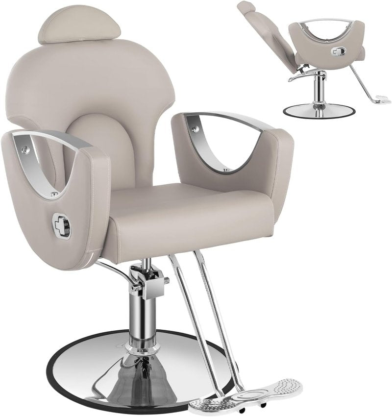Reclining Salon Barber Chair - Heavy Duty Hydraulic Pump | 360° Swivel Styling Chair in Light Gray Silver