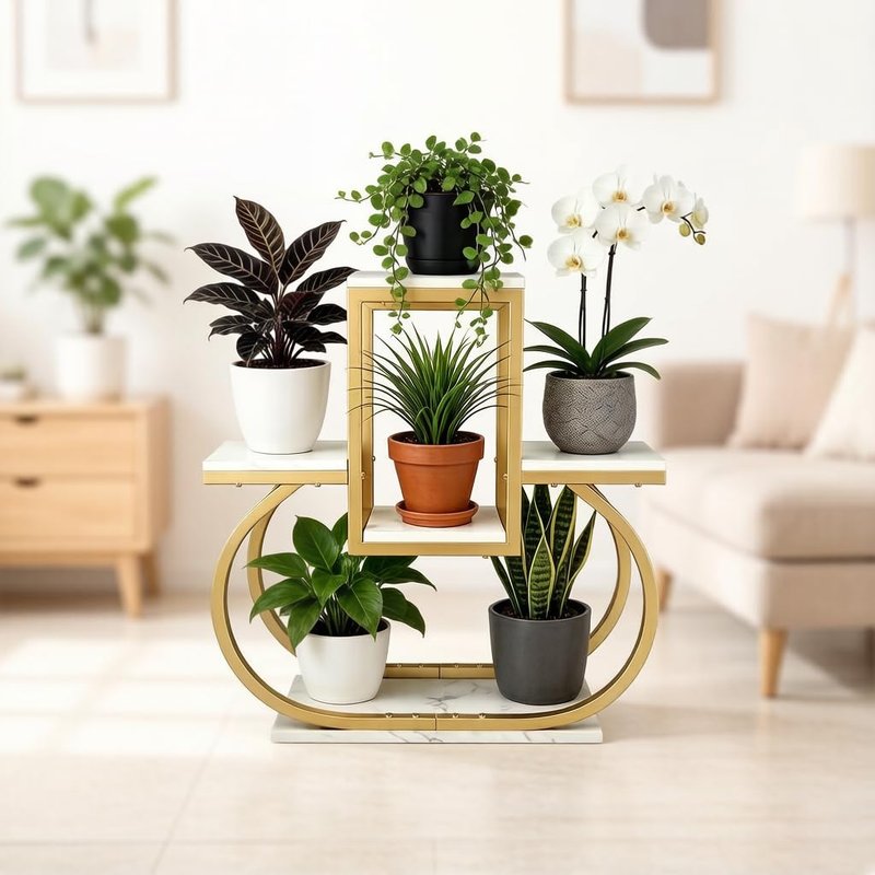 BAINAHUAN Plant Stand for Indoor & Outdoor Use – Gold Tiered Multi-Tier Flower Pot Holder for Living Room, Bedroom, Balcony – Modern Home Decor Storage Rack With Marble-Patterned Shelves