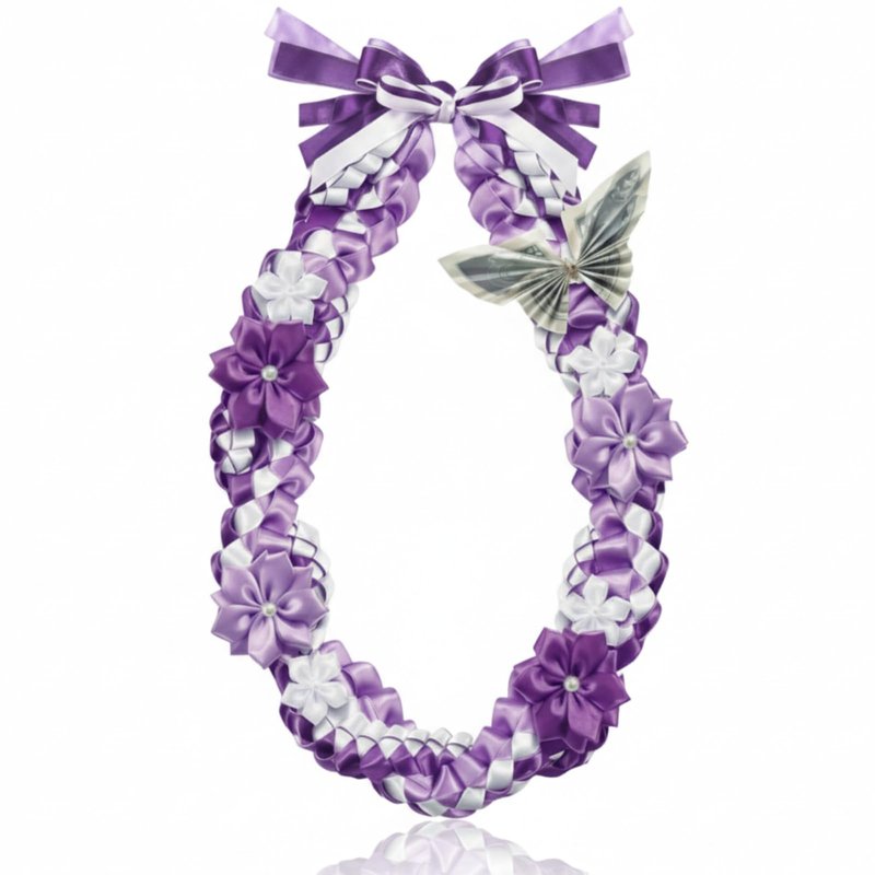 Lyrow 50" Graduation Lei 2026 Double Braided Graduation Ribbon Money Lei with 4 Satin Flower Handmade Grad Necklace Class of 2026 Grad Gift Accessories for Men Women(Purple)