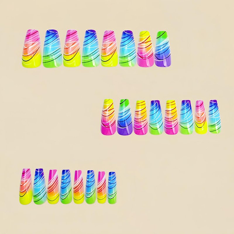Skiennix Colorful Gradient Press-On Nails - Medium Coffin Shape with Rainbow Designs | 24 Pcs Glossy Acrylic Nail Art for Women & Girls