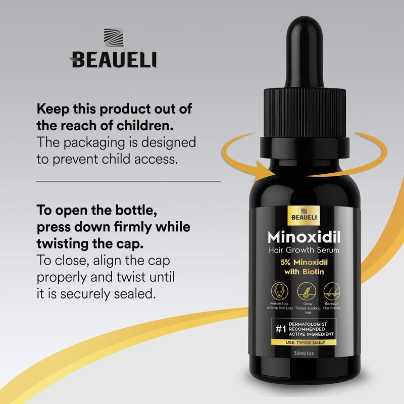 Beaueli 5% Minoxidil for Men and Women, Hair Growth, Beard Growth, Hair Regrowth, Unscented Drop, 3 Fl Oz, 3 Bottles
