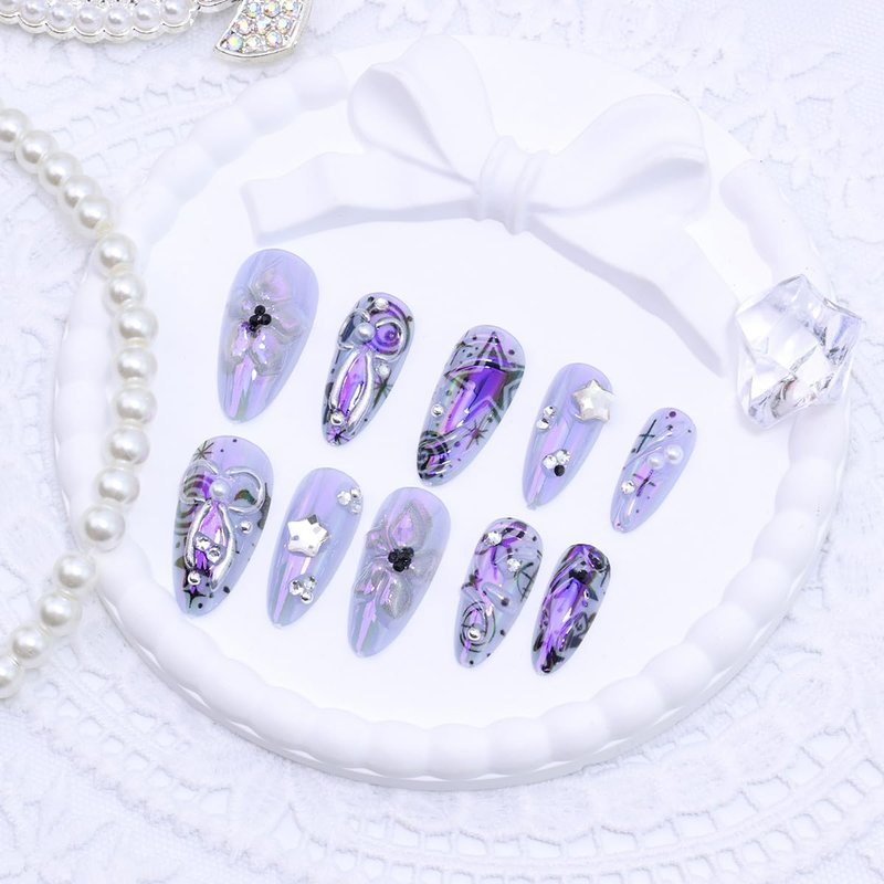 Skiennix 24Pcs Y2K Press-On Nails - Medium Almond Shape with Purple Flowers & 3D Silver Bow Design