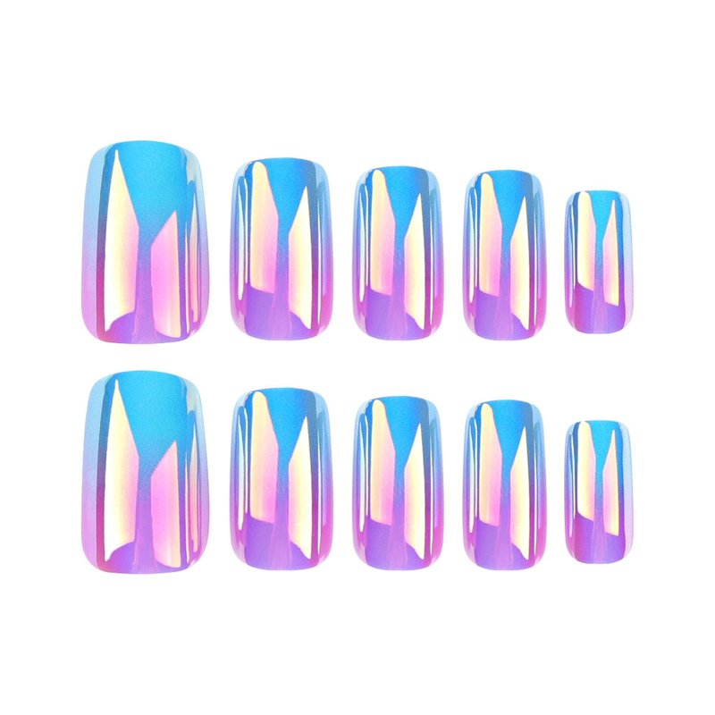 Chrome Press on Nails Medium Square SWEKKE Fake Nails Full Cover Blue White Pink Gradient Flash False Nails with Designs Glossy Glue on Nails Acrylic Nails Artificial Nails for Women Girls 24Pcs