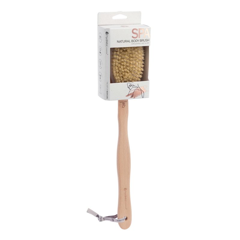 Hydrea London Body Brush Back Scrubber - Shower brush with long handle 100% Natural Bristle, Dry Skin Brush, Exfoliating Cellulite Brush - FSC® Certified Beechwood.