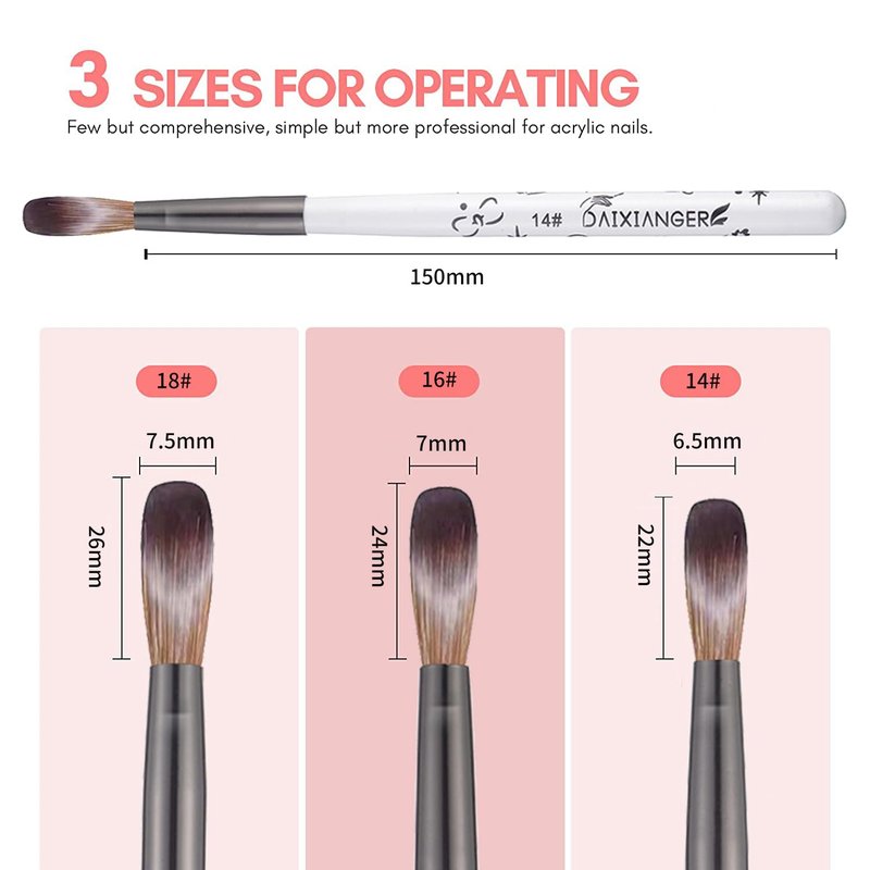 DAIXIANGER 3PCS Acrylic Nail Brush Set,Size 14/16/18 Professional Nail Brushes for Acrylic Application Extension and 3D Carving for Nail Home Salon DIY