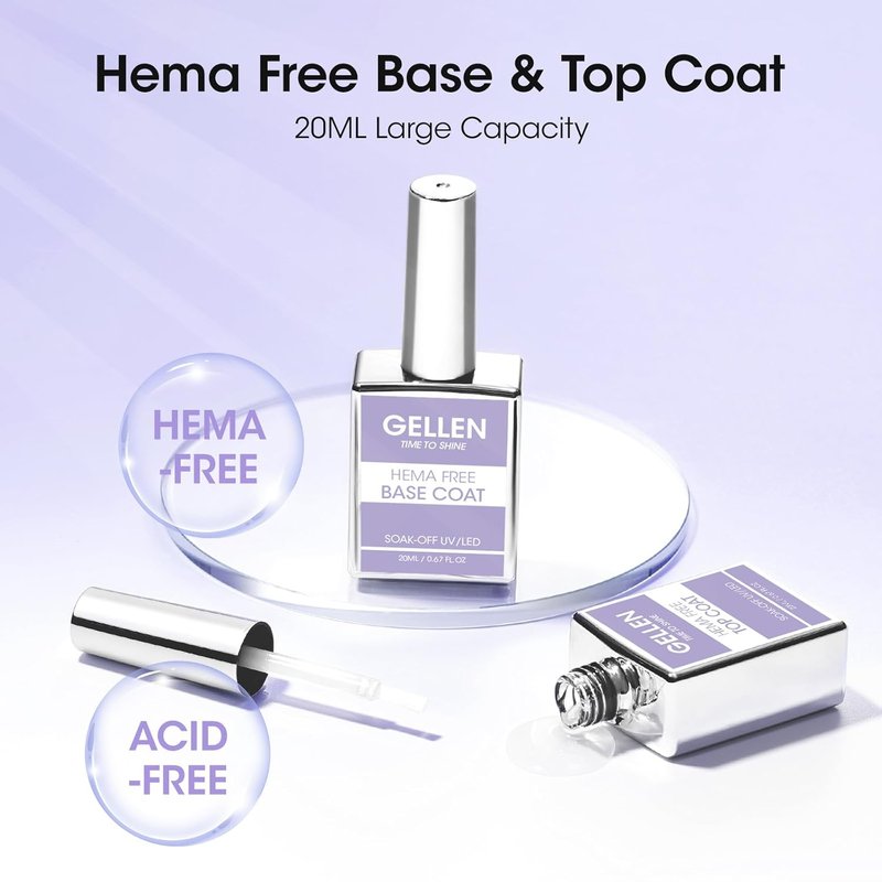 GELLEN Gel Base and Top Coat - Hema-Free Glossy Finish | 20ml No Wipe Soak Off Nail Polish