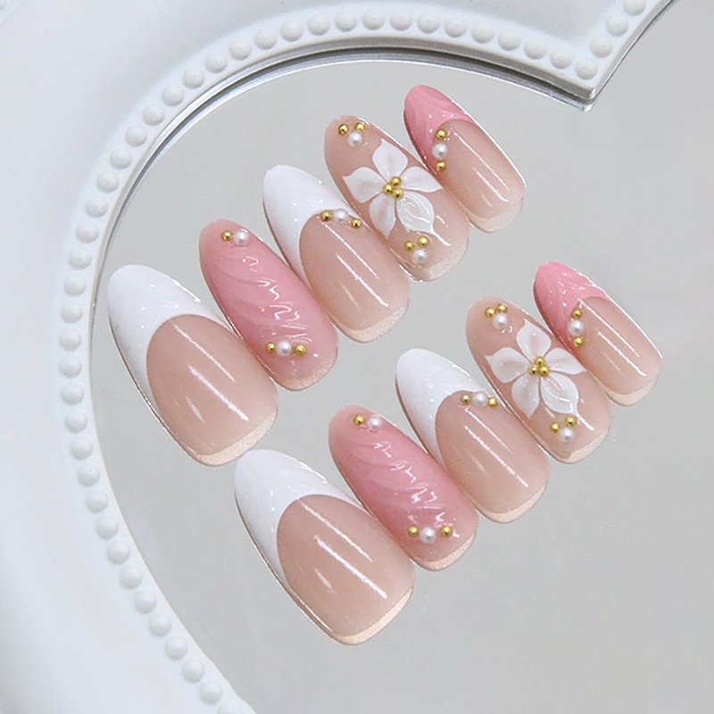 30Pcs 3D Pink Press on Nails Almond Medium False Nails White French Tip Fake Nails with Gold Bead Flower Rhinestones Design Cute Glue on Nails Artificial Spring Flower Acrylic Nails for Women Manicure