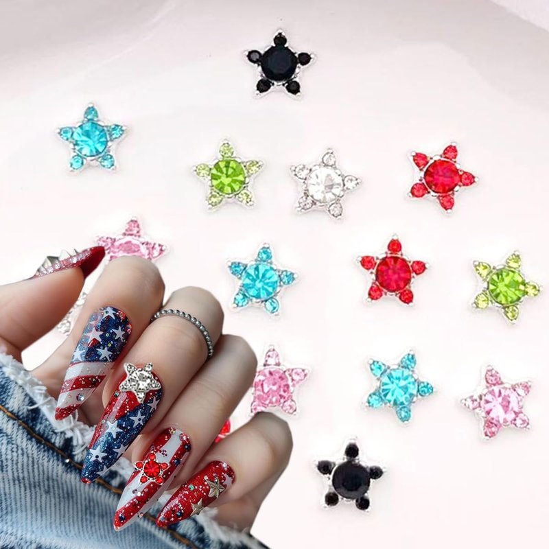 250th Anniversary Nail Charms - 24Pcs Red, White & Blue Star Rhinestone Gems for Patriotic Nail Art