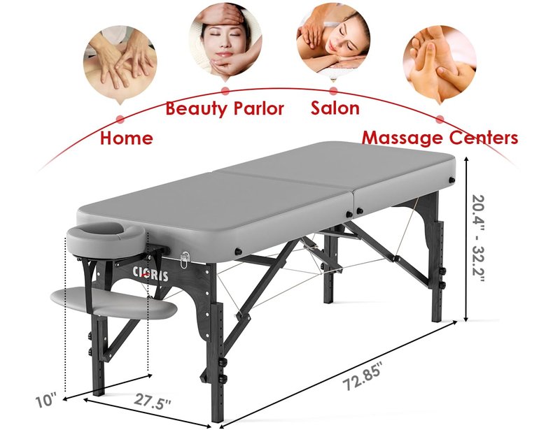 CLORIS 84" Professional Massage Table - Portable & Lightweight with Adjustable Height | Grey, Supports Up to 1100LBS