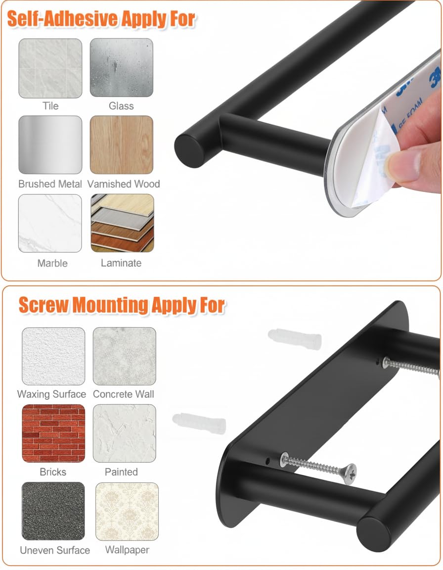 YUET Toilet Roll Holder, Self Adhesive or Screw in Wall Mounted Options, Double Post Pivoting Tissue Roll Holder, Stainless Steel Rustproof Stick On No Drilling Wall Mount for Bathroom, Matte Black