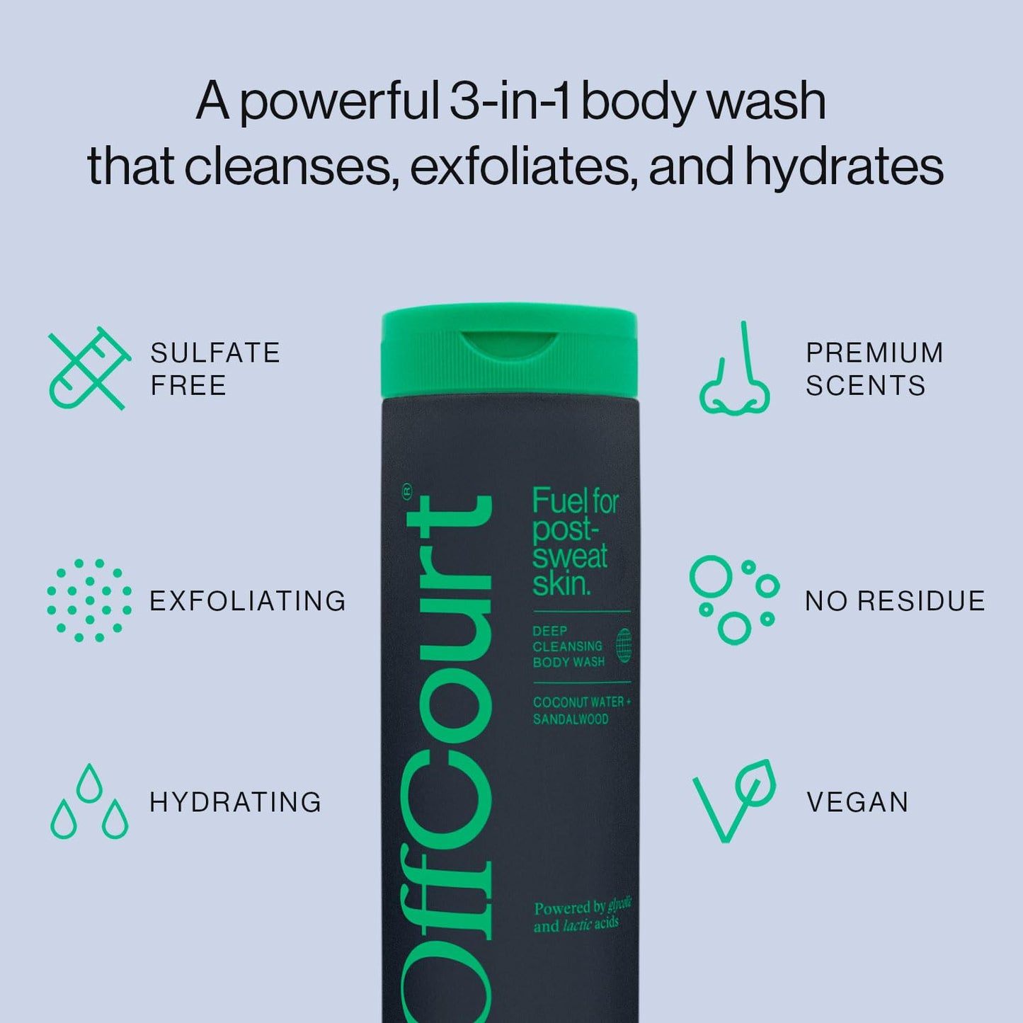OffCourt Sulfate-Free Body Wash for Men & Women - Non-Drying Exfoliator with Glycolic & Lactic Acids Leaves Skin Fresh & Smooth with Coconut Water and Sandalwood Scent, 14 Fl. Oz (Pack of 1)