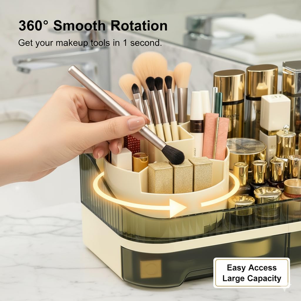 Tidyladyo Makeup Organizer with Dual Drawers - Large Capacity Countertop Cosmetic Storage for Skincare Vanity Bathroom - 360 Rotating - Clear Acrylic