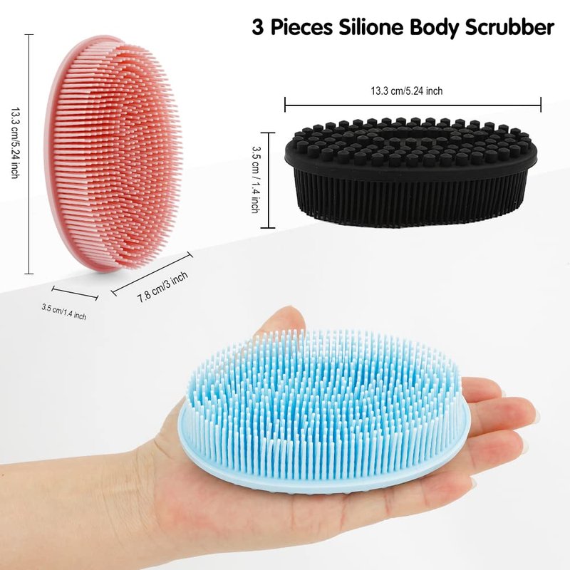 3 Pack Silicone Body Scrubber, Soft Silicone Loofah Exfoliating Body Scrubber, Silicone Body Brush Bath Shower Scrubber for Body, 2 in 1 Bath and Shampoo Wash Brush for Skin Exfoliation Men Women