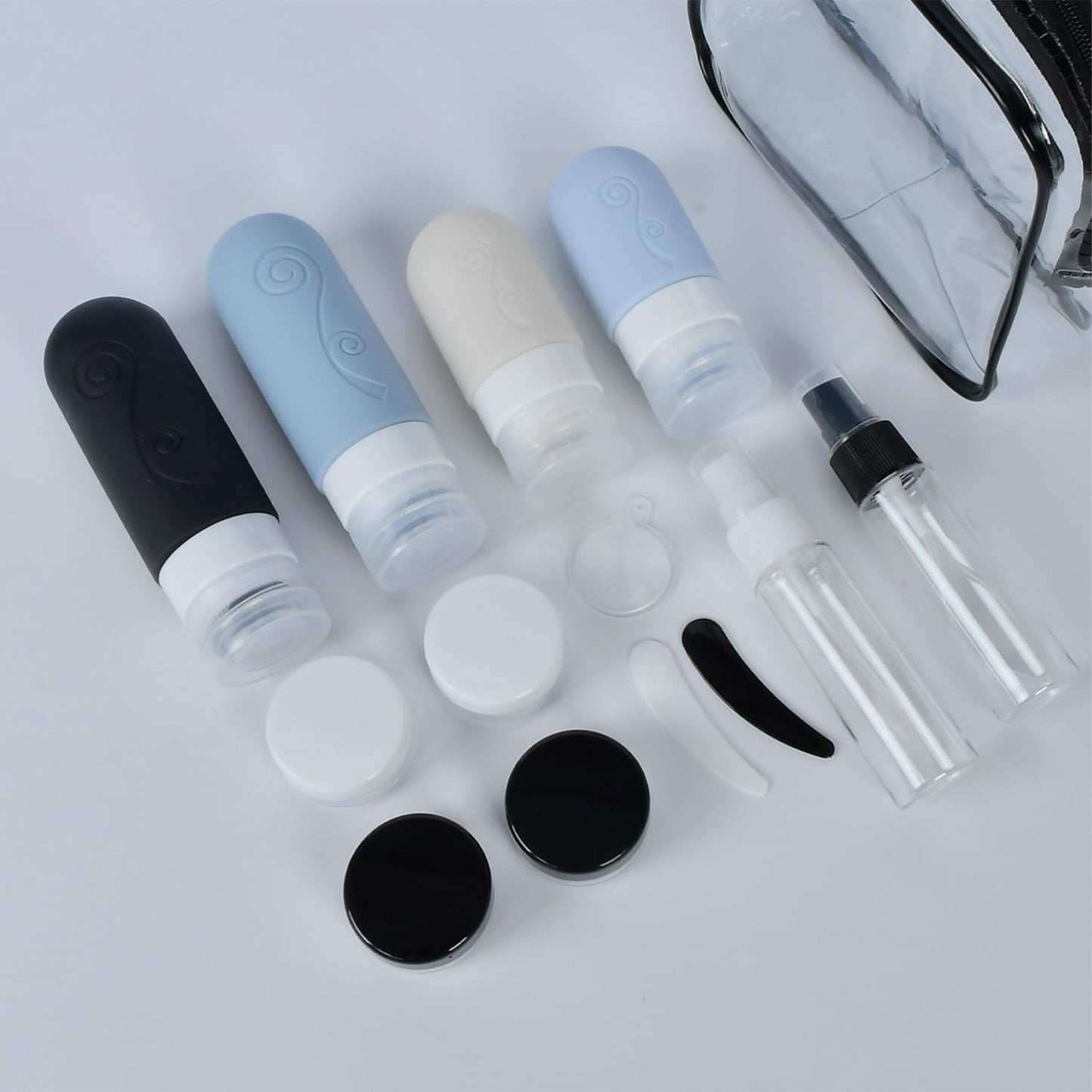 Travel Bottles Set - 16 Pack TSA Approved Silicone Containers | Leak-Proof 2oz & 3oz for Shampoo, Conditioner, Lotion, Body Wash - Black