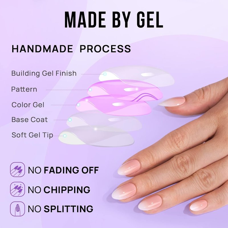 Almond Press On Nails Medium - Soft Gel Ombre Fake Nails with Nail Glue, Semi-Transparent Reusable Glue On Nails in 15 Sizes - 30PCS Stick On Nails Kit, Vanilla Cream Almond
