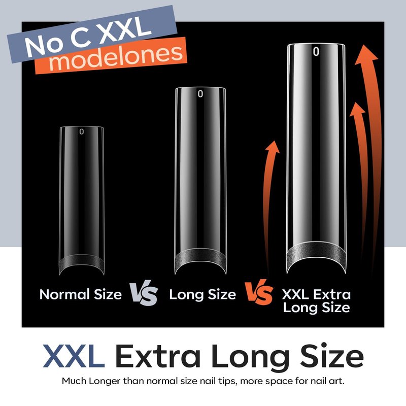 modelones Square Nail Tips, 504 Pcs Acrylic Fake Nails XXL Extra Long Straight No C Curve Half Cover Clear Tips Gel 12 Sizes with Box