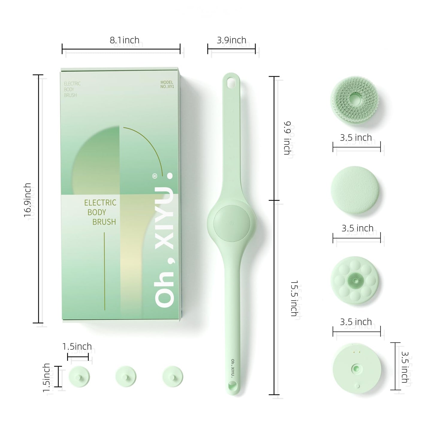 Oh,XIYU. Electric Body Brush Back Scrubber for Shower, Waterproof Long Dual Handle Body Scrubber with 3 Heads, Bath Brush & 2 Speeds, for Cleansing, Exfoliating and Massaging Skin, Pale Cypress Green