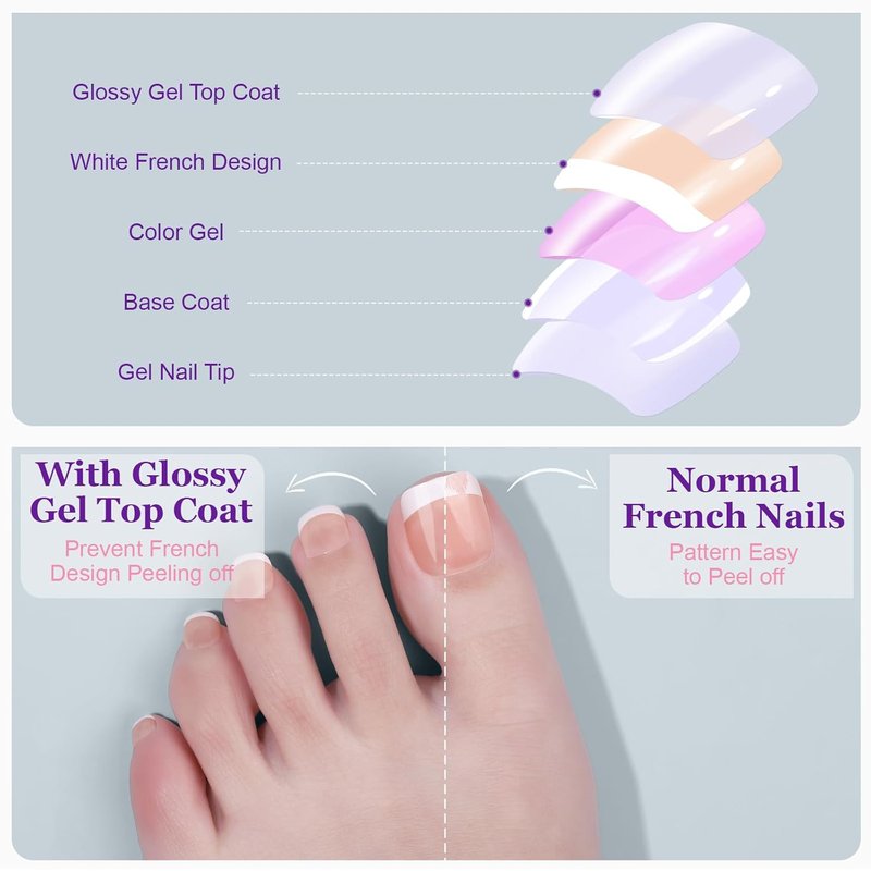 Press On Toenails for Women - 240 Pcs French Tip Set with Nail Glue | 15 Sizes Available