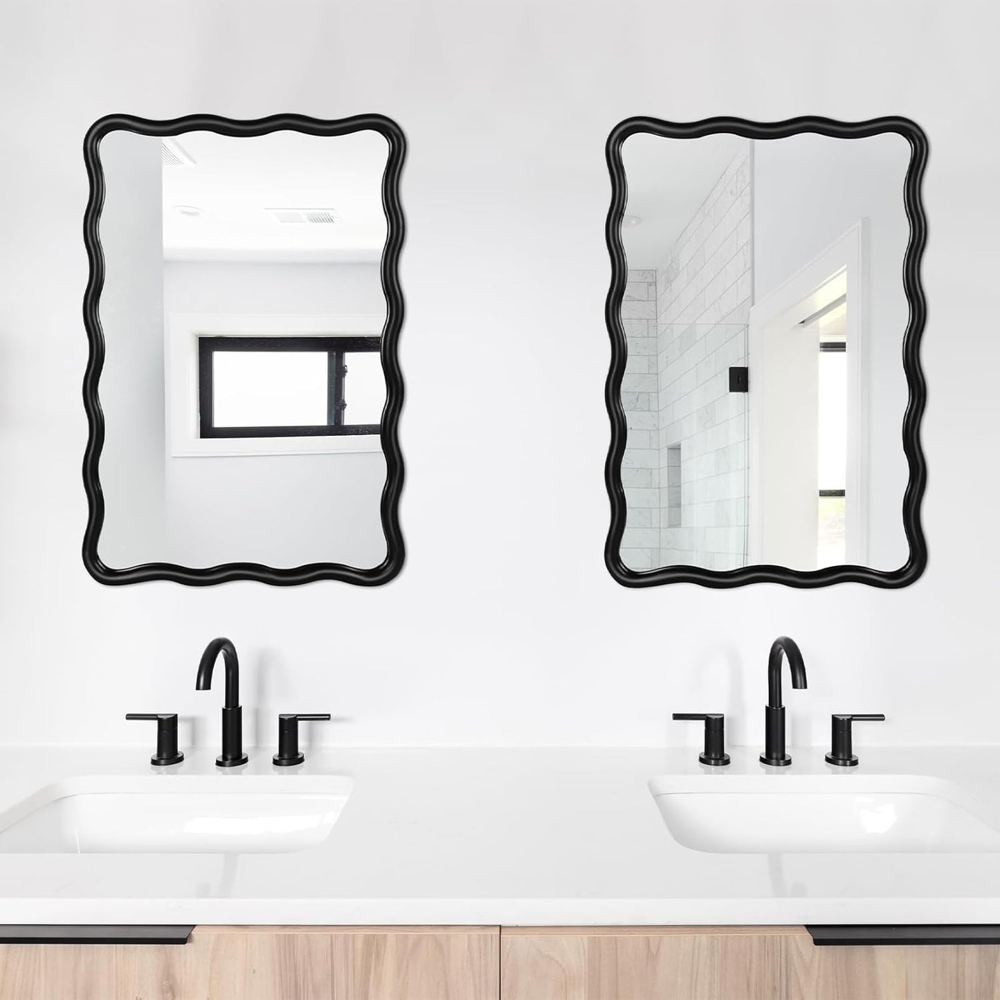 Wavy Rectangular Bathroom Mirror - Scalloped Metal Frame | Modern Black Design for Vanity, Living Room, Entryway
