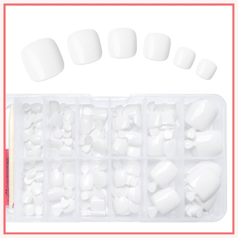 Press-On Toenails for Women - 168pc Short Square Acrylic Toe Nail Tips | White Fake Toenails with Glue Tabs