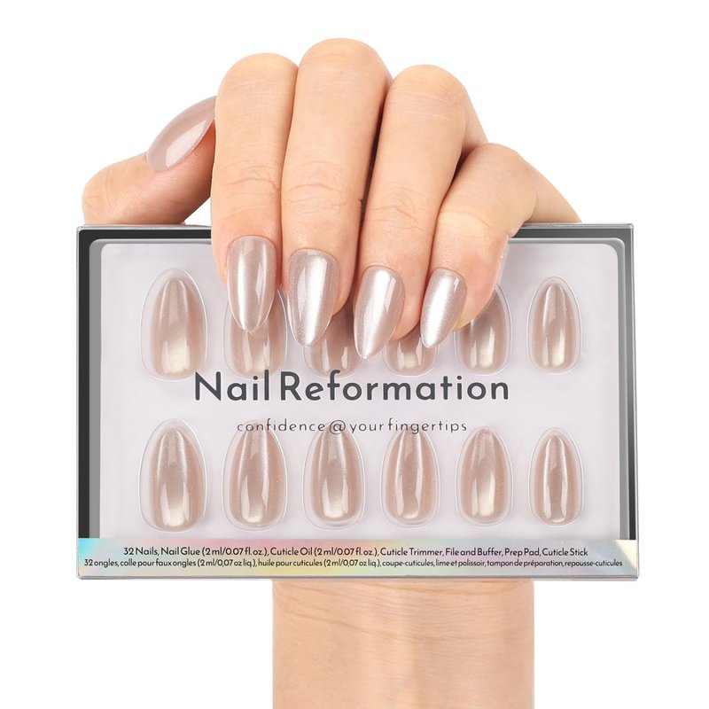 Nail Reformation Press On Nails, Glowing Aura | Natural Short Almond Fake Nails with Velvet Cat Eye, Salon Quality, Luminous Reusable Stick On Nails in 16 Sizes - 32 Nail Kit, Gifts for Women