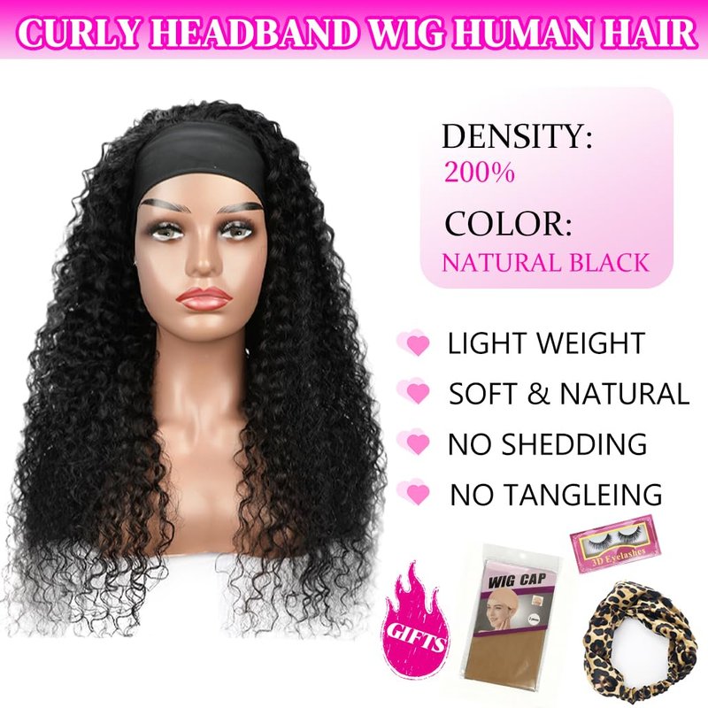 200 Density Deep Wave Headband Wig Human Hair 26 Inch Curly Half Wig Human Hair None Lace Front Wigs for Black Women Natural Color, 100% Human Hair, No Shedding