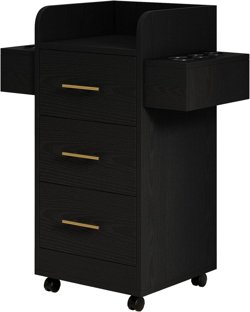 4ever2buy Rolling Salon Station - Hair Stylist Trolley Cart with Wheels, 6 Dryer Holders & 3 Drawers | Black & Gold