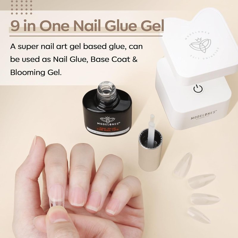 modelones 9 in One X Gel Nail Glue Prep Dehydrator for Nail Tips, Acrylic & False Press On Nails, Blooming Gel Adhesive Bond Base Coat Long Lasting Need U V DIY Home Salon Manicure Gift For Women