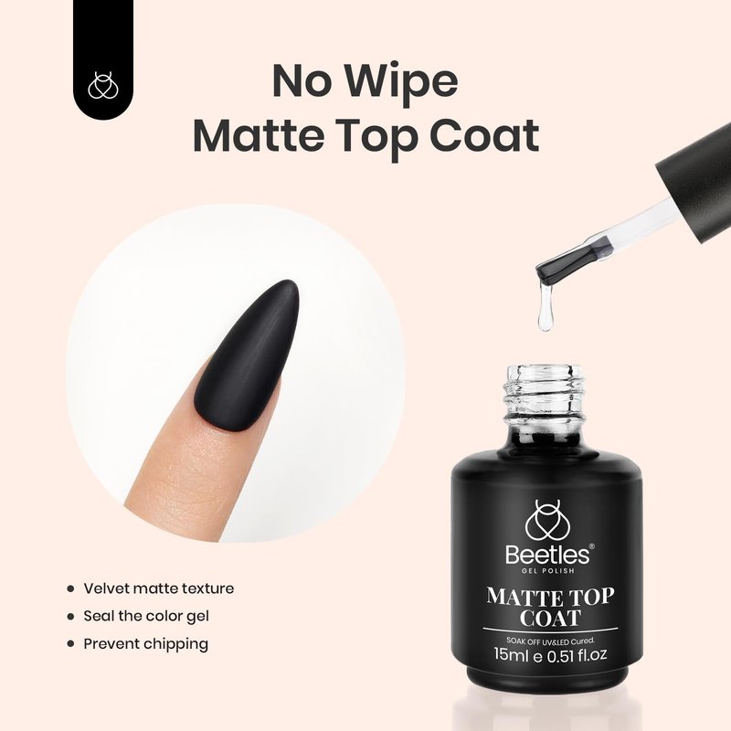 Beetles Matte Gel Top Coat No Wipe Glossy Top Coat Set 2Pcs 15ml, Shiny Long-Lasting Clear Gel Nail Polish, Soak Off UV LED Nail Lamp, Home DIY Manicure Salon Gifts for Women
