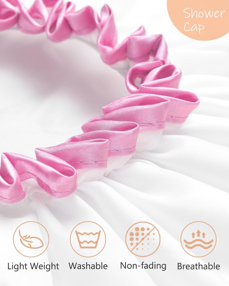 mikimini White Large Shower Caps for Women Long Hair Pack of 2, Reusable Waterproof Double Layers Bathing Hair Cap Soft Comfortable PEVA Lining, Cute, Non-fading & Stretchy Shower Hat X-Large