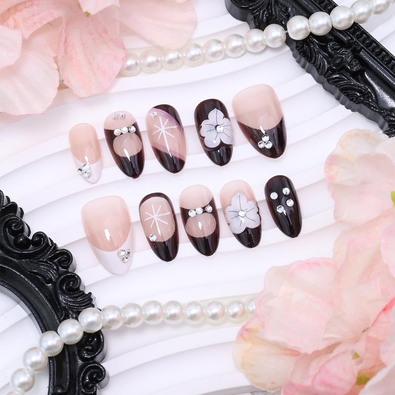 30Pcs Flower Press on Nails Medium Almond Shape Black White French Tip Fake Nails with Rhinestones Designs Glossy Reusable False Nails Acrylic Full Cover Stick on Nails for Women Manicure Tips Set
