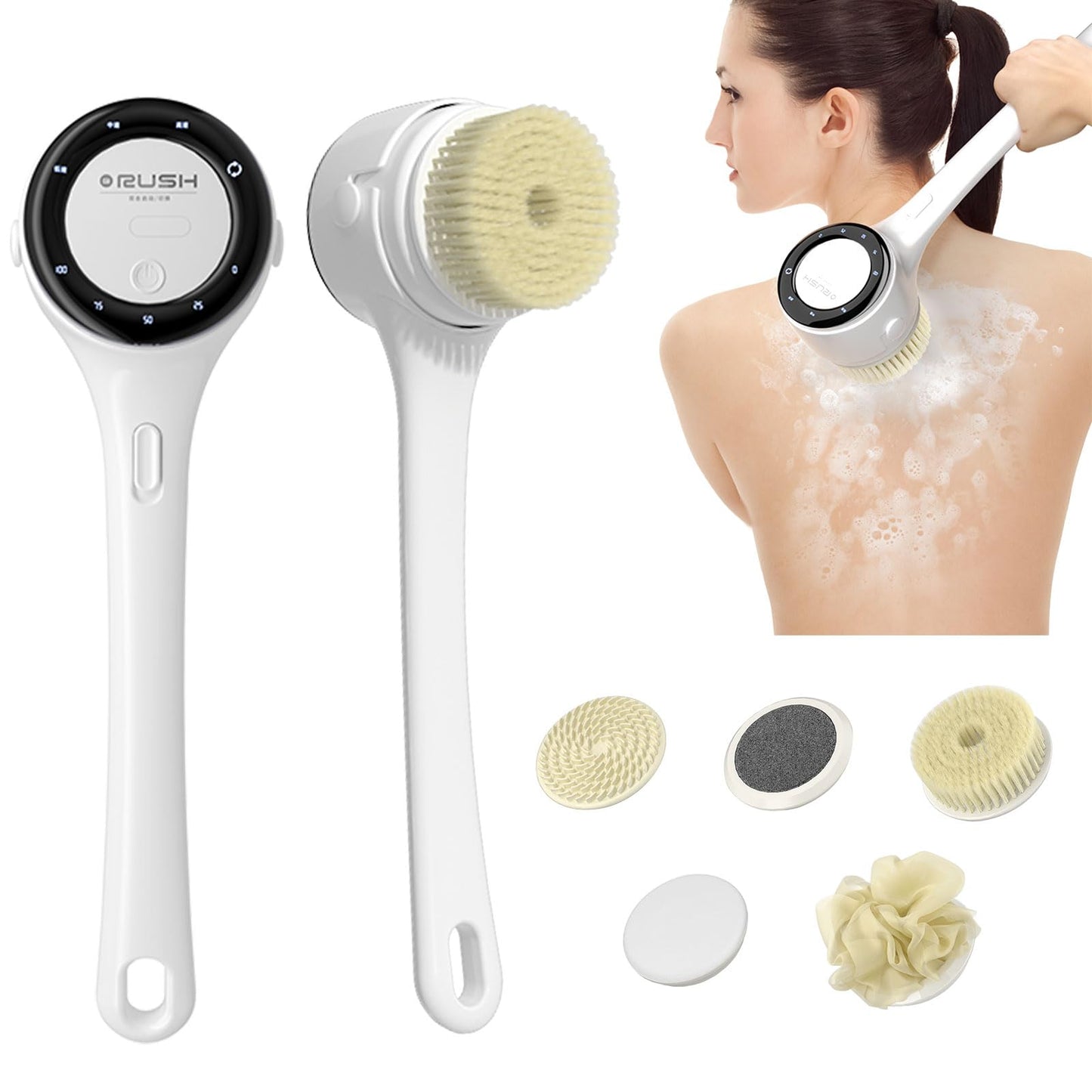 Electric Body Brush, 3 Speed Silicone Body Scrubber with LCD Display, 5in1 Back Scrubber for Shower, Waterproof Rotating Body Brushes, Rechargeable Bath Brush for Clean Exfoliate Massage (White)