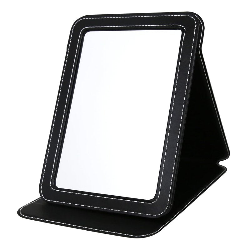 PDOZV Travel Mirror for Desk, 6.5×8.9” Adjustable Rectangle PU Edge Covering Black Foldable Desk Mirror with Stand for Travel Camping Home (Black)