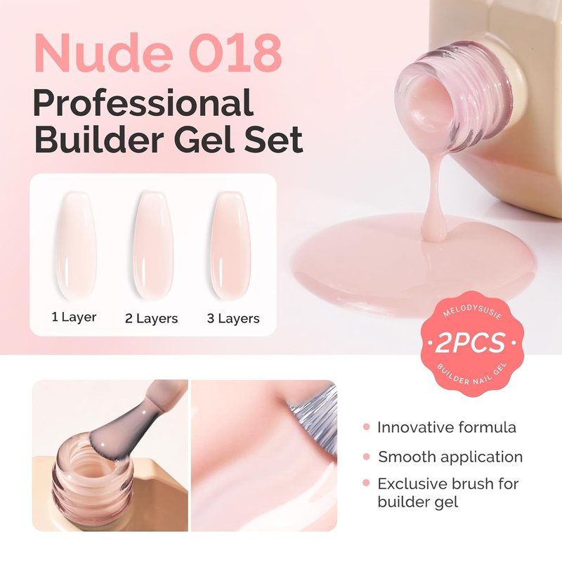 MelodySusie 2PCS 15ML Nude Builder Nail Base Gel - Thickening Soak Off UV Extension Gel for DIY Nail Art