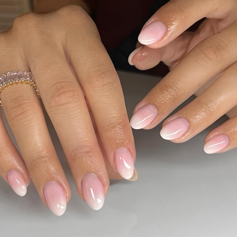 Pink Ombre Press On Nails Short Almond Fake Nails Glossy Full Cover White French Tip Stick On Nail for Women Manicure 32Pcs