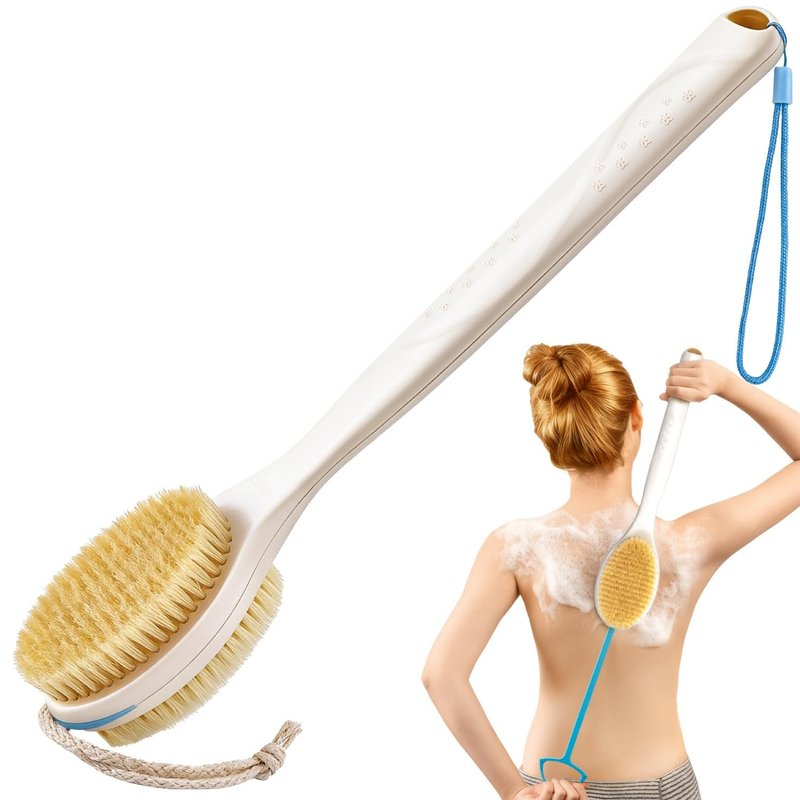 BUBBLEDANCE® Back Scrubber for Shower with Extendable Long Handle (17.5-31.9"), Dual-Sided Shower Brush with Natural Stiff & Soft Bristles, Anti-Slip Body Exfoliator for Bath & Dry Brushing