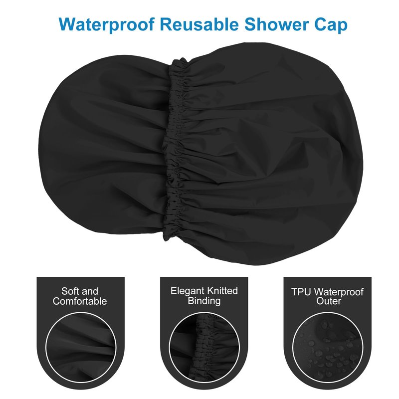 Shower Cap for Women, Double-Layer Waterproof Bath Cap, Reusable Hair Protector, TPU Coated Elastic Bathing Cap for Women & Men