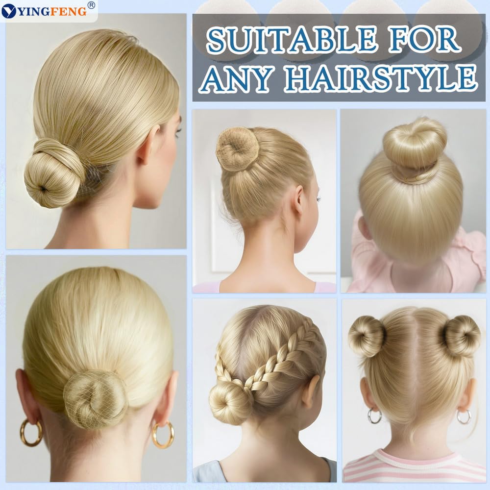 YINGFENG 134 Pcs Beige Hair Bun Maker Kit for Kids Small - 4 Hair Donuts for Buns, 20 Hair Nets for Buns, 100 U Shaped Bobby Pins, 10 Hair Bands, for Girls, Ballet Dance, Hair Accessories for Women