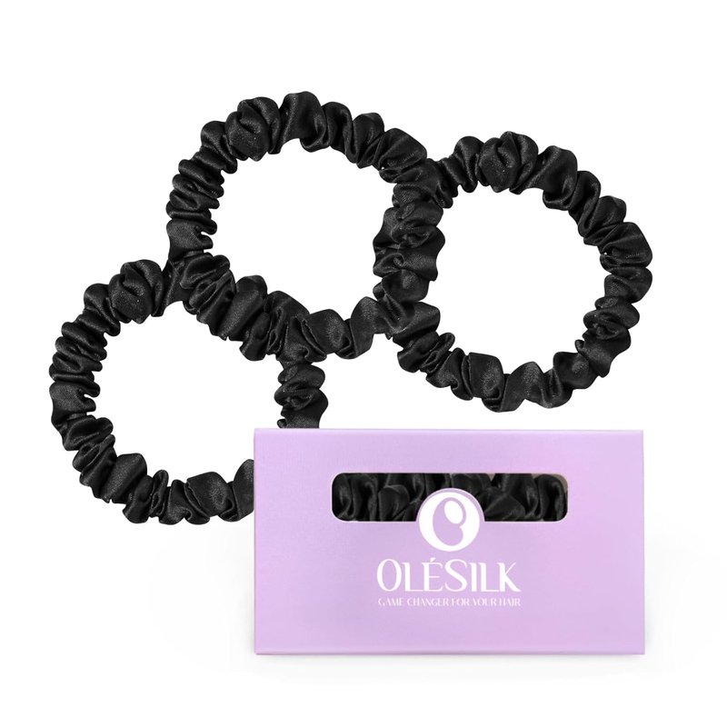 OLESILK Silk Hair Ties - 100% Mulberry Silk Scrunchies | No Damage, No Crease, 3 Pack in Black