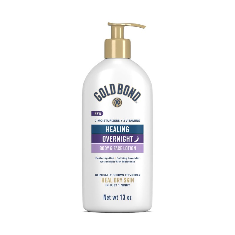 Gold Bond Healing Overnight Body & Face Lotion for Dry Skin, Nongreasy Moisturizer with Hyaluronic Acid, Aloe & Melatonin Works While You Sleep, 13 oz.