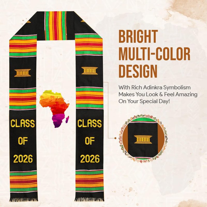 Kente Queens Stole Class of 2026 | Graduation Stole | Black Graduation African Sash | Bold Patterns and Vibrant Colors 72" x 4.5"