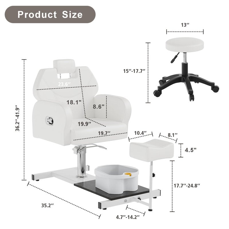 KIGOTY Pedicure Chair No Plumbing for Nail Tech, 360° Swivel Nail Tech Pedicure Chair for Salon with Massage Bath Bowl & Footrest, Height Adjustable Reclining Foot Station Unit, Foot Spa Chairs, White
